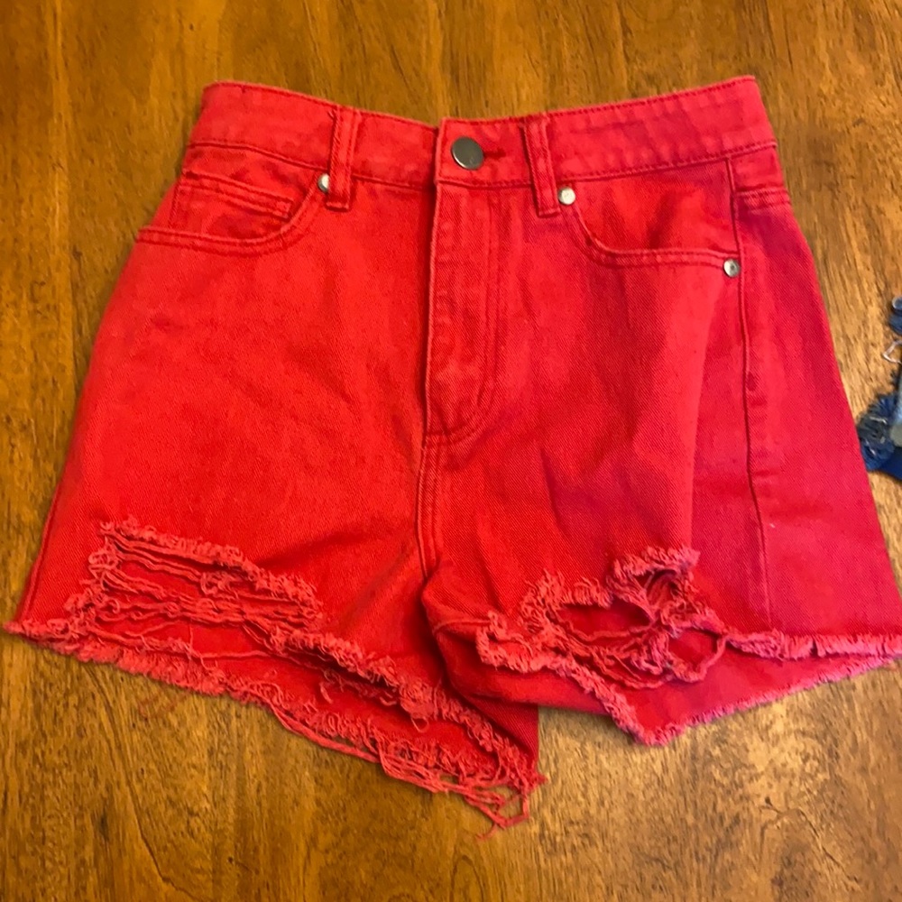 Red denim shorts